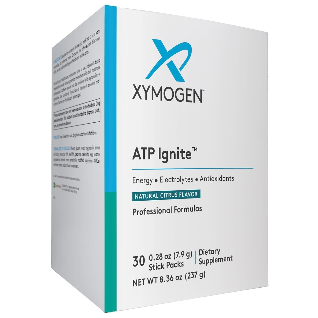 XYMOGEN ATP Ignite Revitalizing Energy Drink Powder - Υποστηρίζει την αντικατάσταση ηλεκτρολυτών + ATP Βιοσύνθεση με αντιοξειδωτικά, Aminos, Βιταμίνες, Ηλεκτρολυτές + 95mg καφεΐνη (30 Citrus Stick Packs)