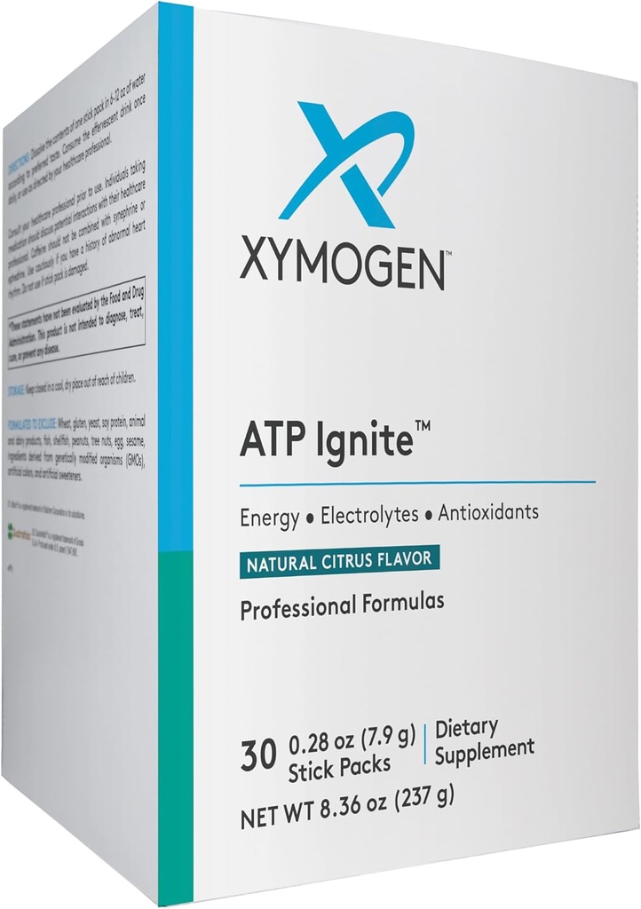 XYMOGEN ATP Ignite Revitalizing Energy Drink Powder - Υποστηρίζει την αντικατάσταση ηλεκτρολυτών + ATP Βιοσύνθεση με αντιοξειδωτικά, Aminos, Βιταμίνες, Ηλεκτρολυτές + 95mg καφεΐνη (30 Citrus Stick Packs)