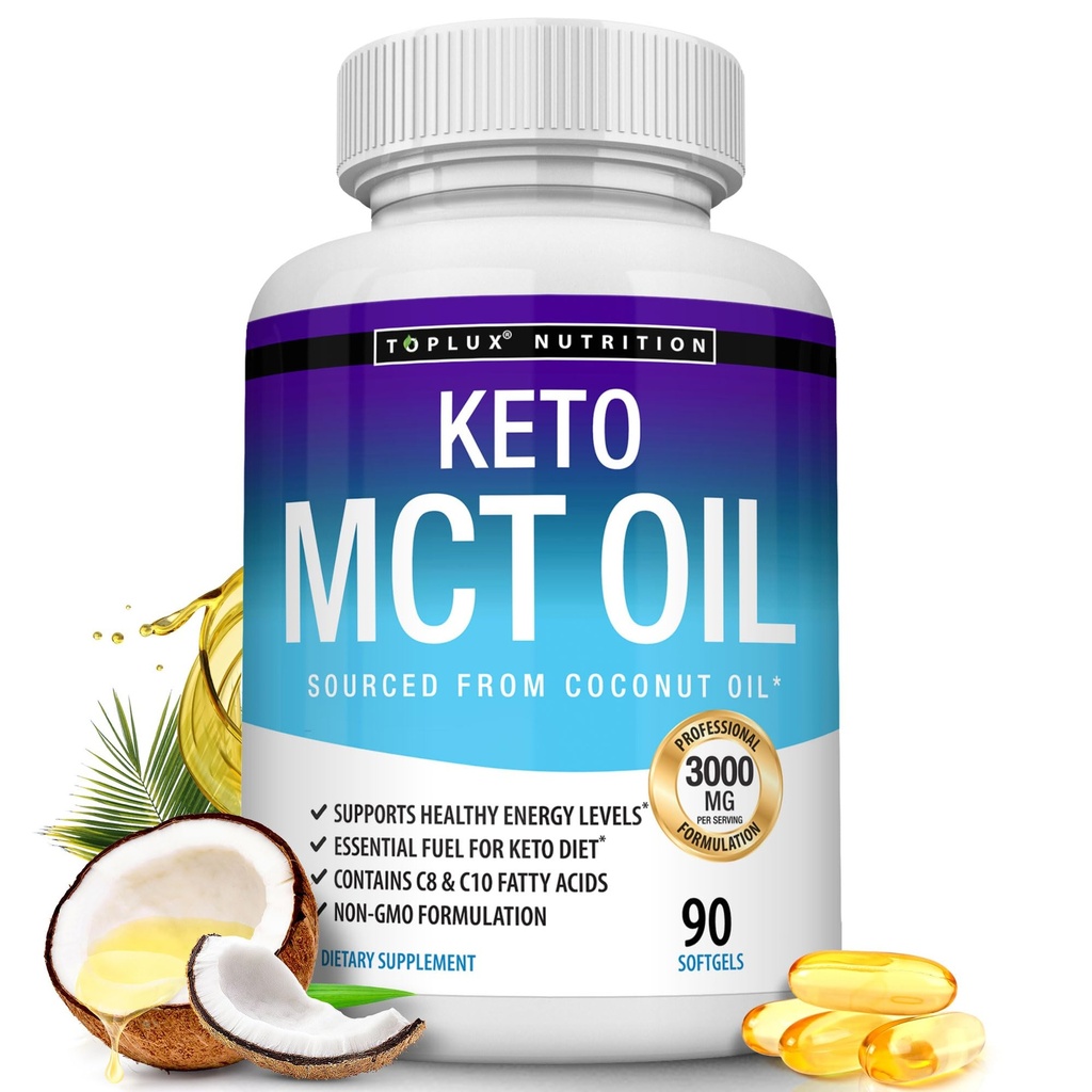Toplux Keto MCT κάψουλες πετρελαίου - 3000mg φυσικό καθαρό εκχύλισμα κοκοφοίνικα χάπια, πηγή ενέργειας, εύκολο να ψαχτεί για άνδρες γυναίκες, 90 Softgels, συμπλήρωμα
