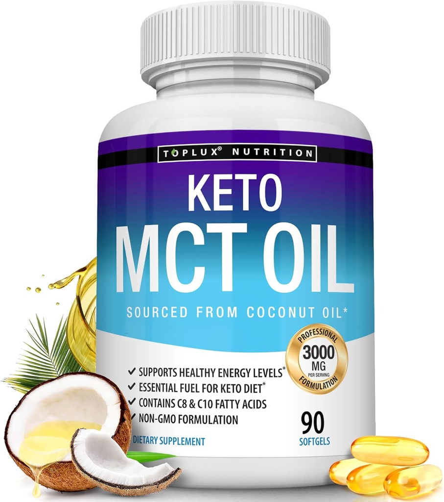 Toplux Keto MCT κάψουλες πετρελαίου - 3000mg φυσικό καθαρό εκχύλισμα κοκοφοίνικα χάπια, πηγή ενέργειας, εύκολο να ψαχτεί για άνδρες γυναίκες, 90 Softgels, συμπλήρωμα