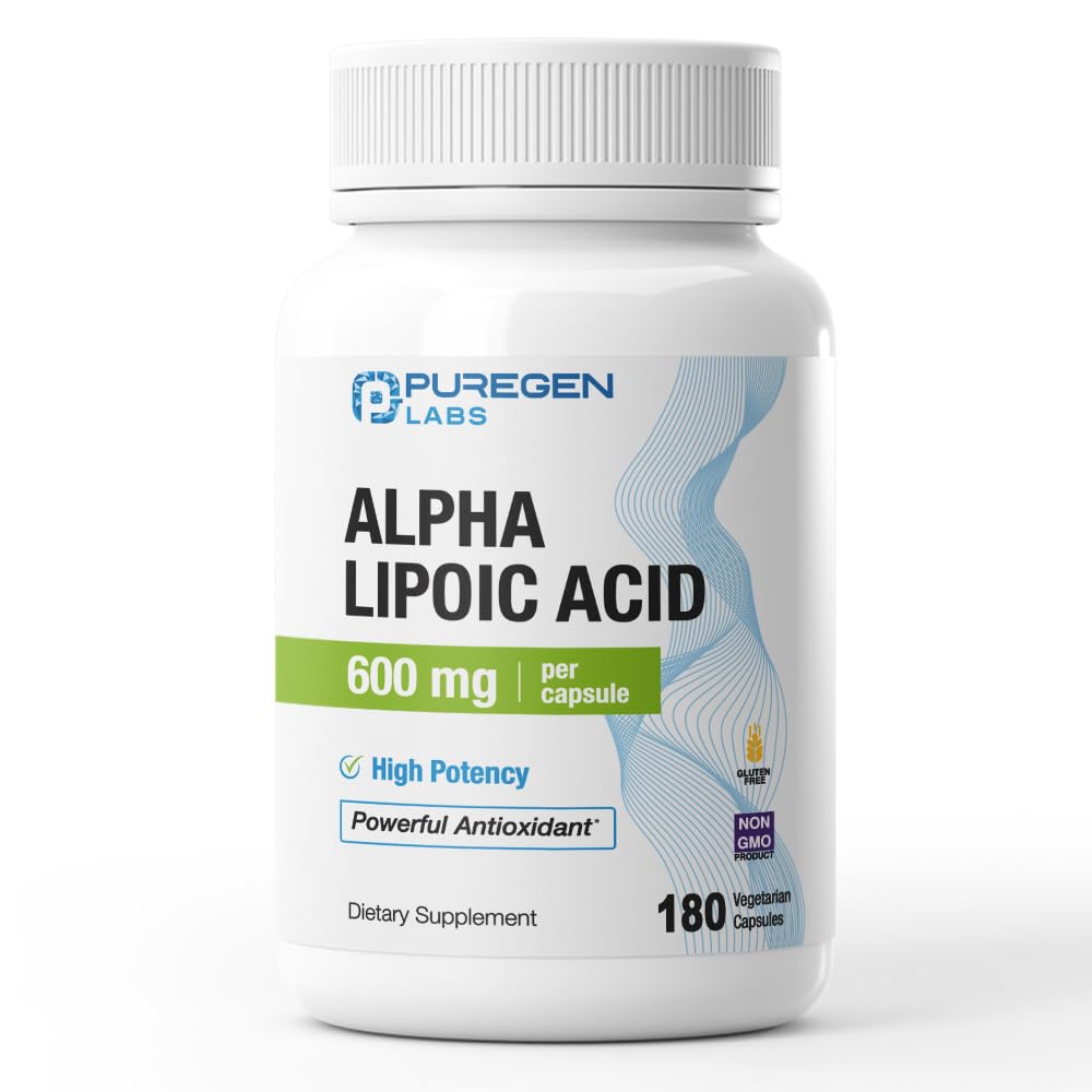 Puregen Labs Alpha Lipoic Acid 600mg [High Potency] 180 Servings - Antioxidant Support | No Harmful Additives | Non-GMO, NO Gluten and Dairy, 600 mg per Veggie Capsule