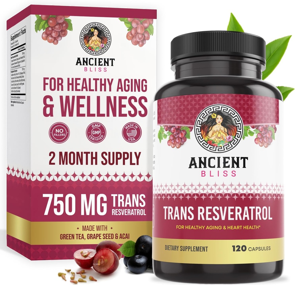 Ancient Bliss Resveratrol Ισχυρό συμπλήρωμα αντιοξειδωτικών με πράσινο τσάι, εκχύλισμα σπόρων σταφυλιών για υγιή γήρανση για άνδρες και γυναίκες