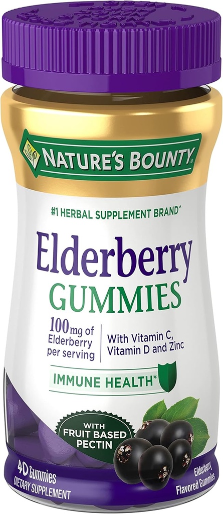 Οι Gummies Elderberry της φύσης, ανοσοποιητική υποστήριξη, περιέχει βιταμίνη Α, C, D, E και ψευδάργυρο, 40 Gummies