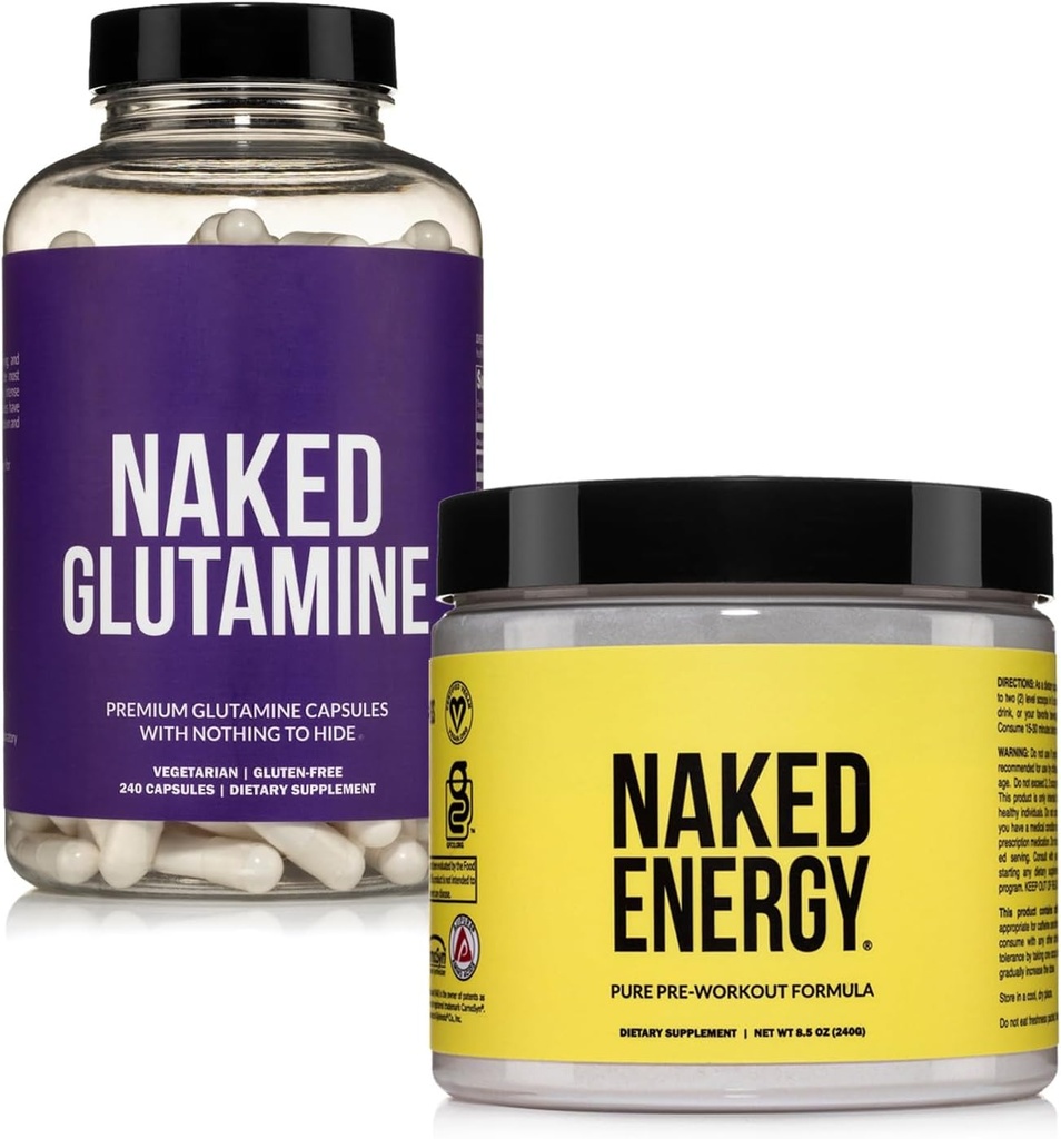 NAKED Vegan Ενεργοποιώντας την αποκατάσταση μυών Bundle Μη αρωματισμένη ενέργεια και 240 L-Glutamine κάψουλες, 1000mg