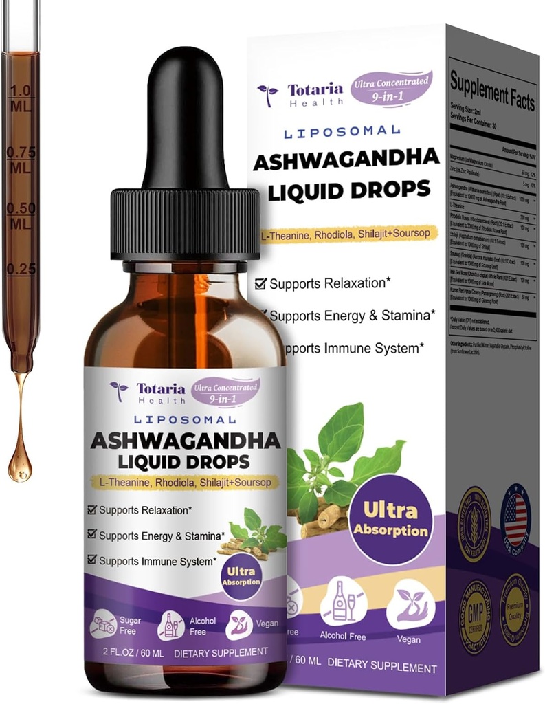 Totaria Liposomal Ashwagandha Liquid Drops w/Shilajit, Magnesium, Soursop, L-Theanine, Ultra Extact Ashwagandha Root Extract | 7% Withanolides | Alcohol-Free | Non-GMO | for Men & Women