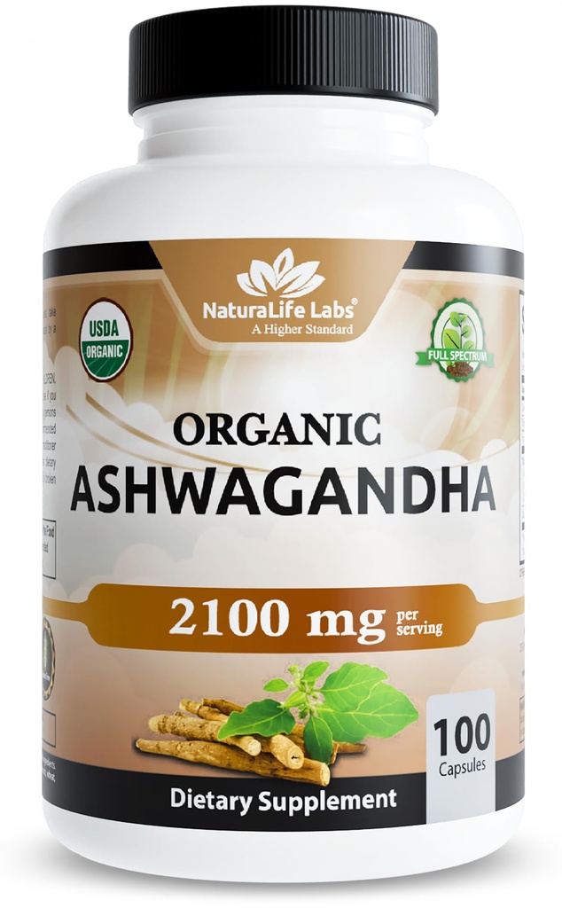 NaturaLife Labs Organic Ashwagandha 2100 mg ανά υπηρεσία – Ρίζα σκόνη & εκχύλισμα – 100 κάψουλες – Vegan, μη ΓΤΟ, Χωρίς γλουτένη