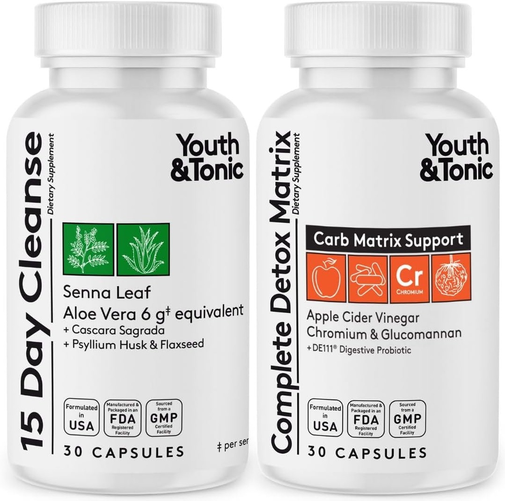 Youth & Tonic Colon Cleanser & Detox for Loss of Waste, Breaking The Plateau, Bloating. 60 Χάπια για Καθαρισμό με Senna Leaf, Μηλίτη Ξίδι, Γλυκομαννάνη και Περισσότερα