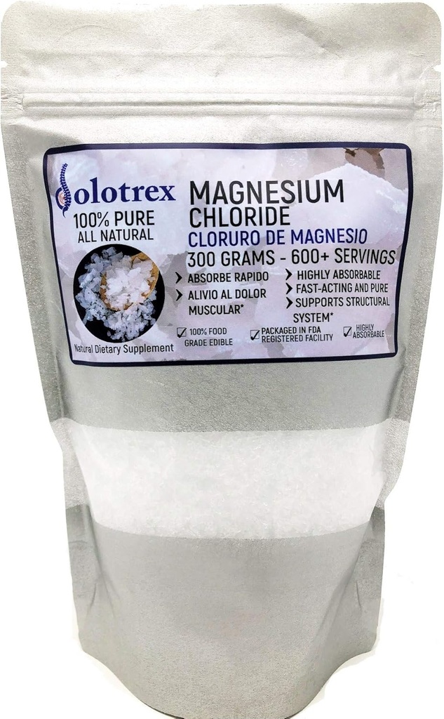 Cloruro de Magnesio 100% Καθαρό Χλωριούχο Μαγνήσιο Τροφίμων Βαθμός 300 γραμμάρια Βρώσιμο Μαγνήσιο Εξαιρετικά απορροφήσιμο για καθημερινή χρήση ως συμπλήρωμα ή Μαγνήσιο Λάδι έως 600 Σερβίρεις 10.58 Oz