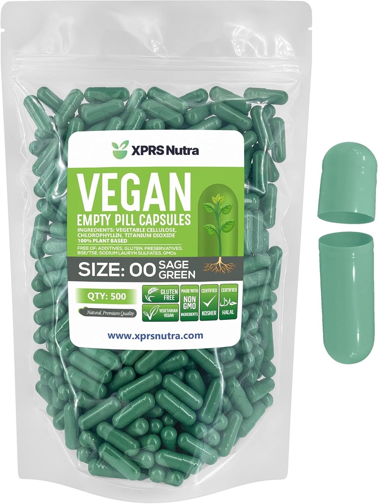 XPRS Nutra Size 00 Empty Capsules - 500 Count Empty Vegan Capsules - Vegetarian Empty Pills - DIY Vegetable Capsule Filling- Veggie Pill Caps (Sage Green)
