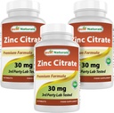 Best Naturals Ψευδάργυρος 30mg Συμπληρώματα (ως κιτρικός ψευδάργυρος) - Βιταμίνες ψευδαργύρου για Ενήλικες Ανοσοποιητική Υποστήριξη - 120 δισκία (120 Count (Pack of 3)