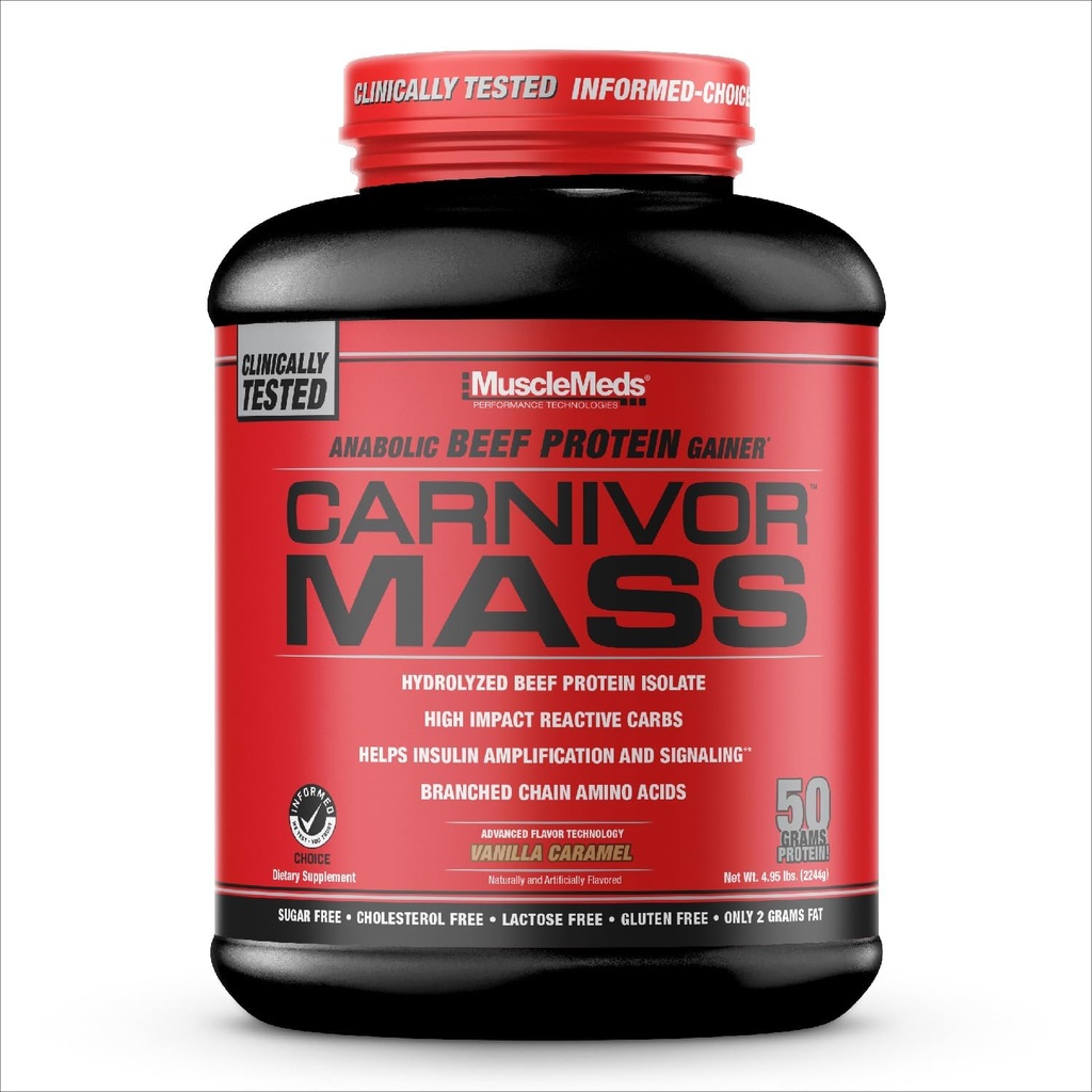 MuscleMeds CARNIVOR Mass Gainer Beef Protein Isolate Shake, 50 Grams Protein, 125 Grams Carbs, 0 Λίπος, 0 Ζάχαρη, Λακτόζη Χωρίς, Βανίλια Caramel, 5 Λίρες