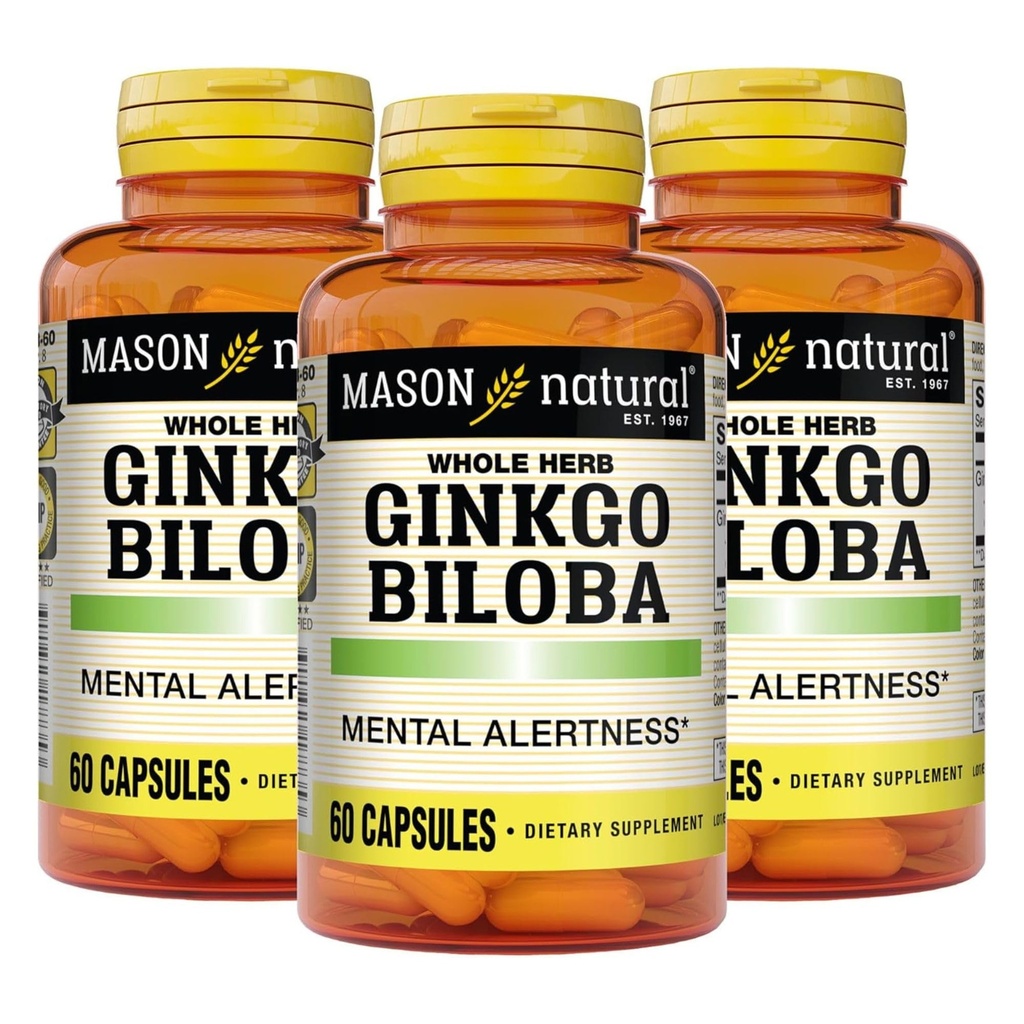 MASON NATURAL Ginkgo Biloba, 3μηνη προμήθεια, βοηθά στη βελτίωση της ψυχικής εγρήγορσης και υποστήριξης Βέλτιστη λειτουργία του εγκεφάλου, 60 κάψουλες (3 πακέτο)