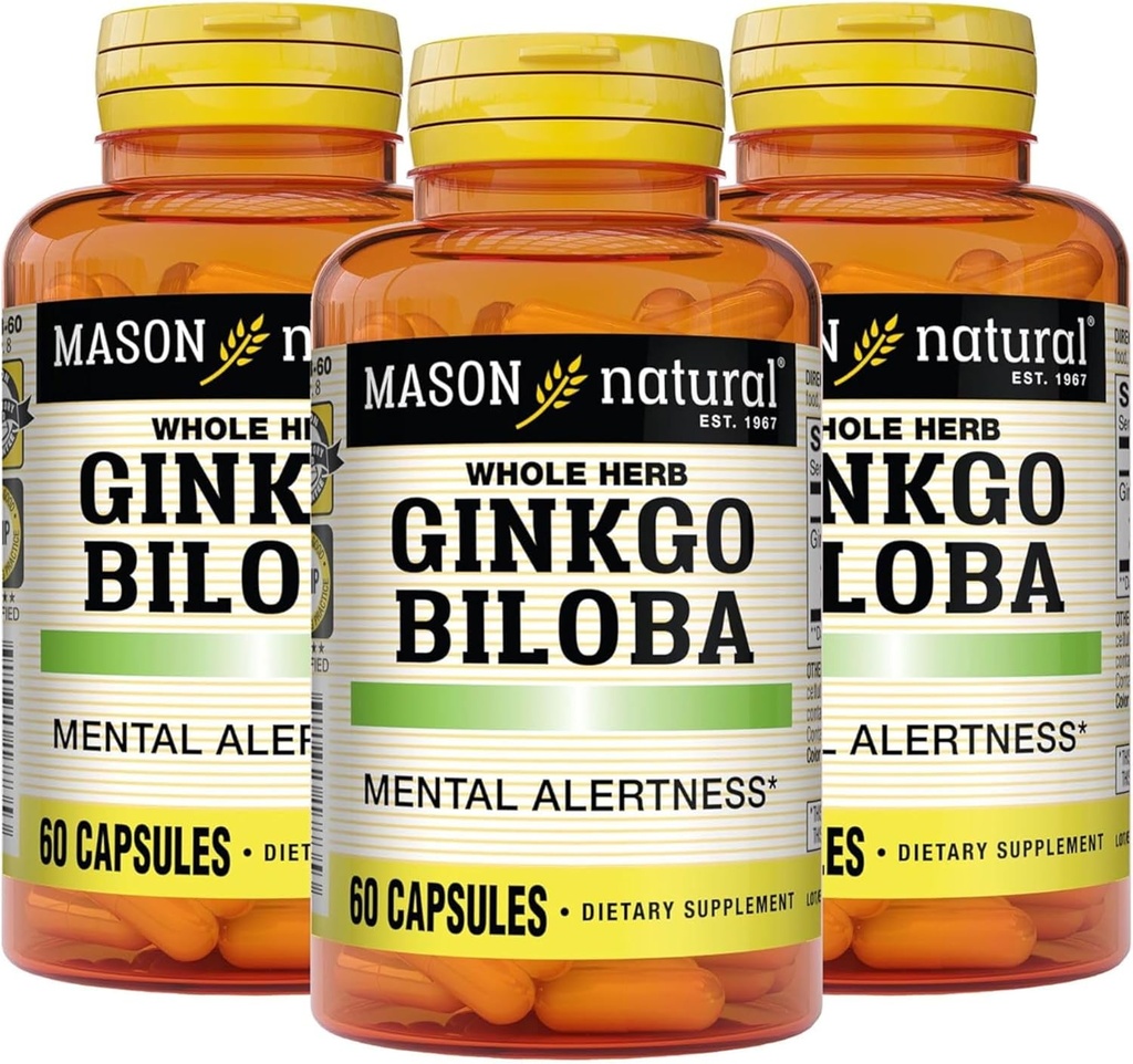 MASON NATURAL Ginkgo Biloba, 3μηνη προμήθεια, βοηθά στη βελτίωση της ψυχικής εγρήγορσης και υποστήριξης Βέλτιστη λειτουργία του εγκεφάλου, 60 κάψουλες (3 πακέτο)