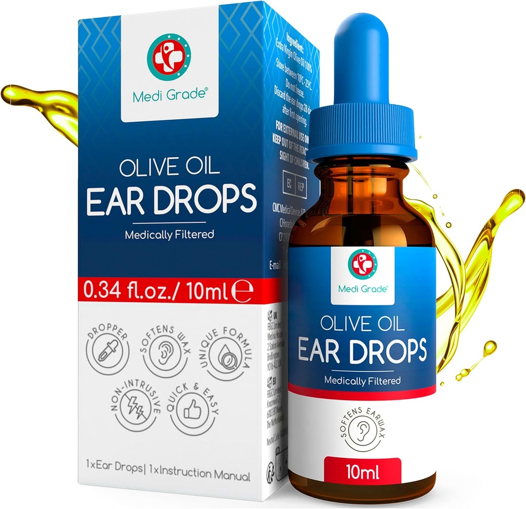 Medi Grade Oil Ear Drops for Wax Απομάκρυνση και Αποφραγμένο αυτί, 10ml - 100% Φυσικό κερί αυτιού Απομάκρυνση σταγόνες με πιπέτα Σταγονομετρητής Softens και Αφαιρεί Hardened Earwax Buildup - Advanced Ear Wax Drops