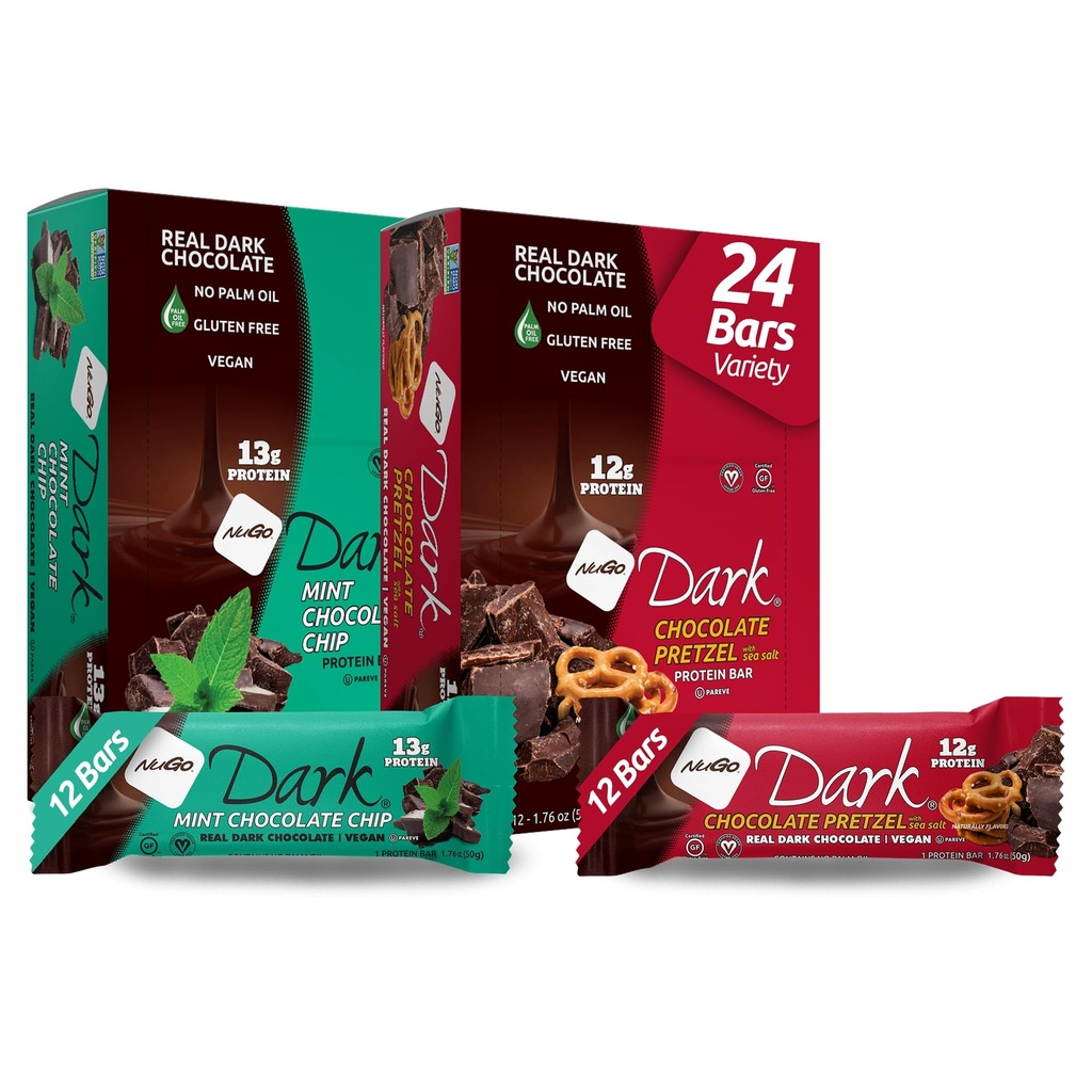 NuGo Dark Variety - Σοκολάτα Pretzel 12 Bars & Mint Chocolate Chip 12 Bars, 12-13g Πρωτεΐνη, Vegan, Χωρίς γλουτένη, Μη ΓΤΟ, Kosher Pareve, 24 Count