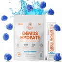 The Genius Brand - Genius Hydrate Stick Pack Powder Drink Mix – Blue Raspberry Flavor, Natural Electrolyte Booster with Coconut Water & Potassium for Ultimate Hydration - 20 Packets