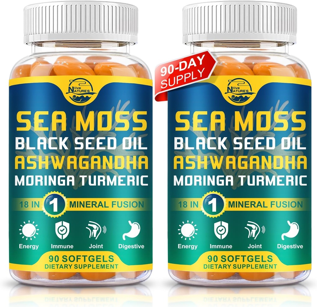 Ζωντανά Βιολογικά Moss Moss Softgels της φύσης με Μαύρο Έλαιο Σπέρματος, Ashwagandha, Bladderwrack, Ginger, Burdock Root, Manuka Honey, Κανέλα για το ανοσοποιητικό σύστημα, δέρμα, ενέργεια, 90 Softgels, 2 Pack