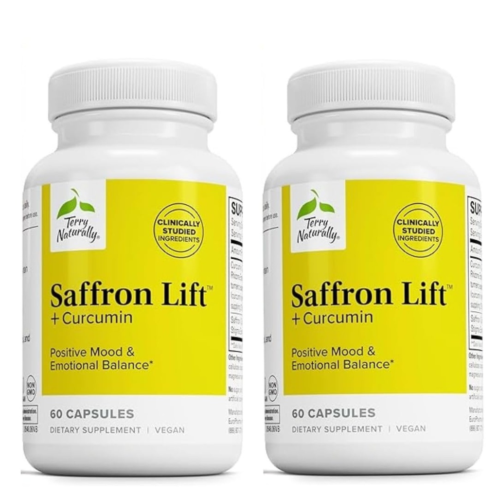 Terry Φυσικά Saffron Lift + Κουρκουμίνη - συμπλήρωμα βοτάνων με κουρκουμίνη - Κάψουλες μη GMO Saffron & Brain Curcumin - Συμπληρώματα στήριξης συγκέντρωσης & χαλάρωσης - 60 κάψουλες (πακέτο των 2)