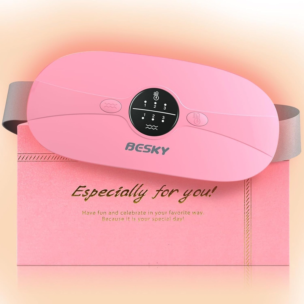 Πακέτο Θέρμανσης Besky για Περιόδου Cramps, Cordless Menstrual Θέρμανση Pad, Επιθέματα Θέρμανσης με 3 Επίπεδα Θερμότητας και 3 Massage Modes, για Ανακουφιστικό Πόνος Επιστροφής ή Περιόδου, Καλύτερα Δώρα για Εκείνη, Γυναίκες και Κορίτσι (Pink)