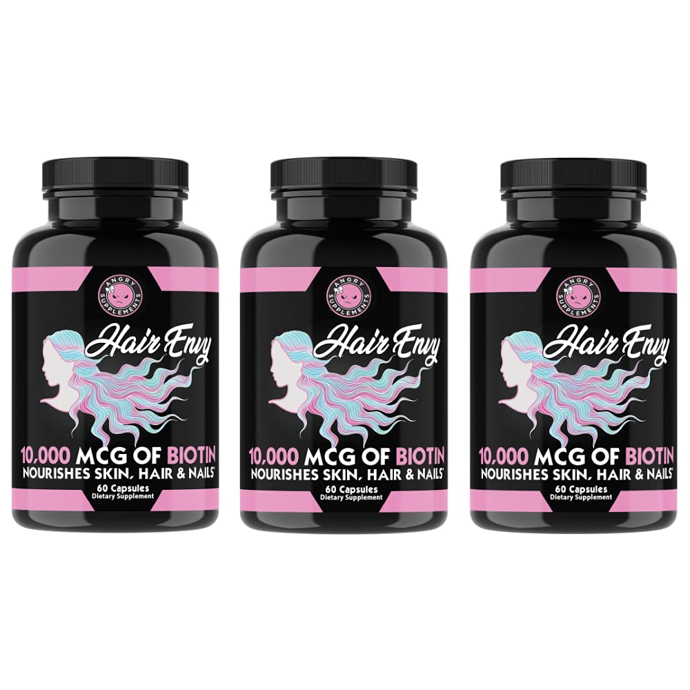 Angry Συμπληρώματα Hair Envy 10.000 mcg Biotin + Κερατίνη, Καλλιέργεια + Hydrate Hair, Ενίσχυση Thicken Nails, Clear & Nourish Skin – Βοήθεια Βλάβη Λεπτά μαλλιά, (3-Bottles)