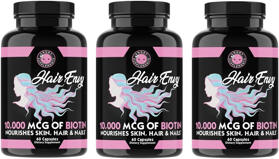 Angry Supplements Hair Envy 10,000 mcg Biotin + Keratin, Grow + Hydrate Hair, Strengthen Thicken Nails, Clear & Nourish Skin – Help Damaged Thinning Hair, (3-Bottles)