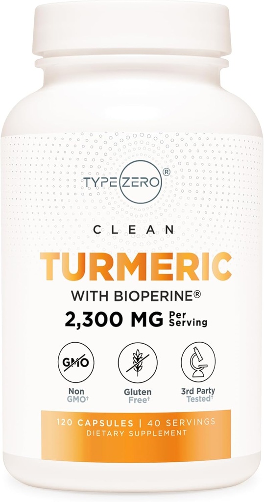 Type Zero Turmeric with Bioperine (120 Capsules) (2300mg per Serving) - GMO Free, Gluten Free, 3rd Party Tested