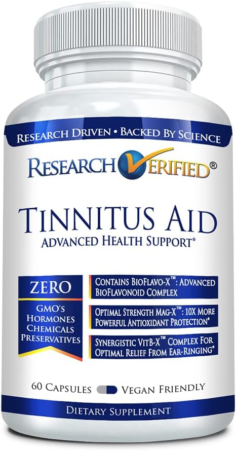 Research Verified Tinnitus Aid - Lessen Internal Ringing - Ginkgo Biloba, Vitamin C, Full Spectrum B Complex Blend, Magnesium - 60 Capsules - Vegan - Made in The USA