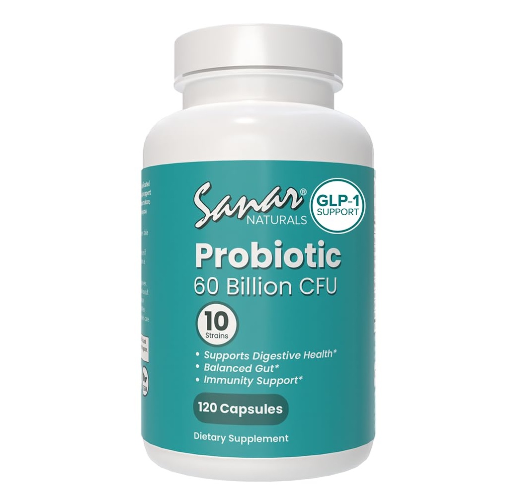 Sanar Naturals Probiotics 60 Billion CFU – 10 Strains + Prebiotics - Υποστηρίζει το ανοσοποιητικό, Digestive, & Gut Health - Προβιοτικά για γυναίκες και άνδρες - Vegan, μη-GMO, Χωρίς γλουτένη, 120 κάψουλες