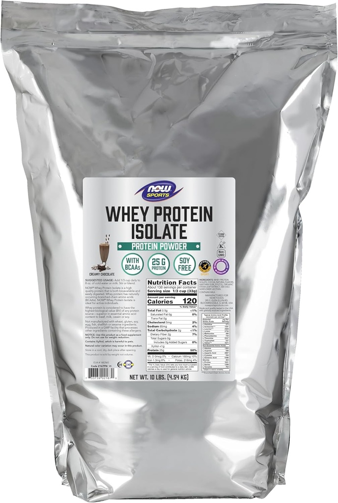 Τώρα τρόφιμα Αθλητική Διατροφή, Whey Protein Isolate, 25 g Με BCAAs, κρεμώδη σκόνη σοκολάτας, 10-Pound