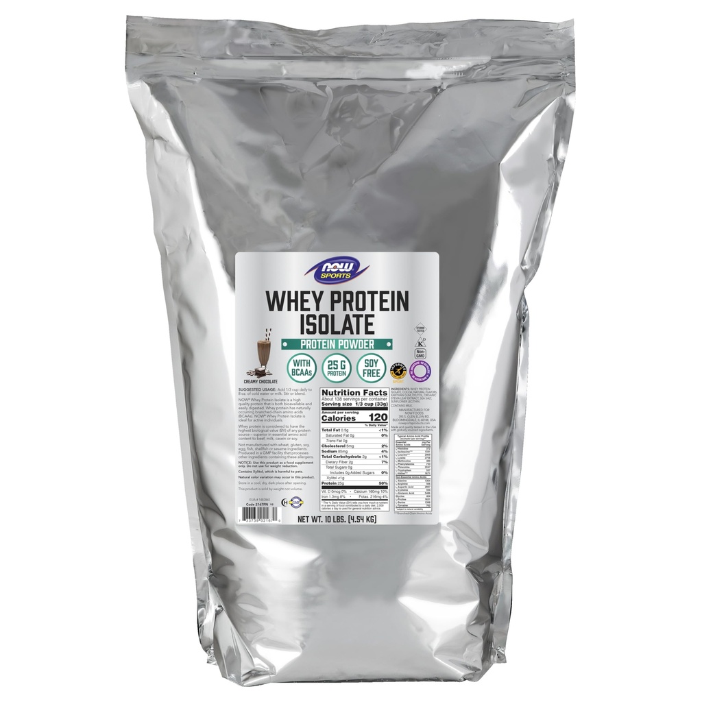 NOW Foods Sports Nutrition, Whey Protein Isolate, 25 g With BCAAs, Creamy Chocolate Powder, 10-Pound