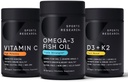 Sports Research 1250 mg Omega 3 Burpless Fish Oil - Wild Alaskan Pollock - (90 Count), High Potency Vegan Vitamin C 1000mg (240 Count) + Vegan 5000iu Vitamin D με 100mcg Mk7 Vitamin K (60 Count)