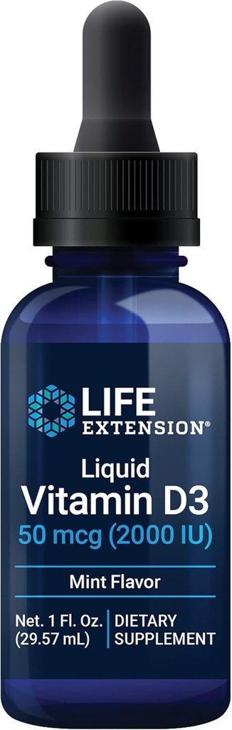 Life Extension Liquid Vitamin D3 (Mint), 50 mcg (2000 IU), Υποστήριξη ανοσοποιητικού συστήματος, Υγεία των οστών, Υγεία ολόκληρου σώματος, Νόστιμο άρωμα μέντας, Χωρίς γλουτένη, Μη ΓΤΟ, 29,57 ml