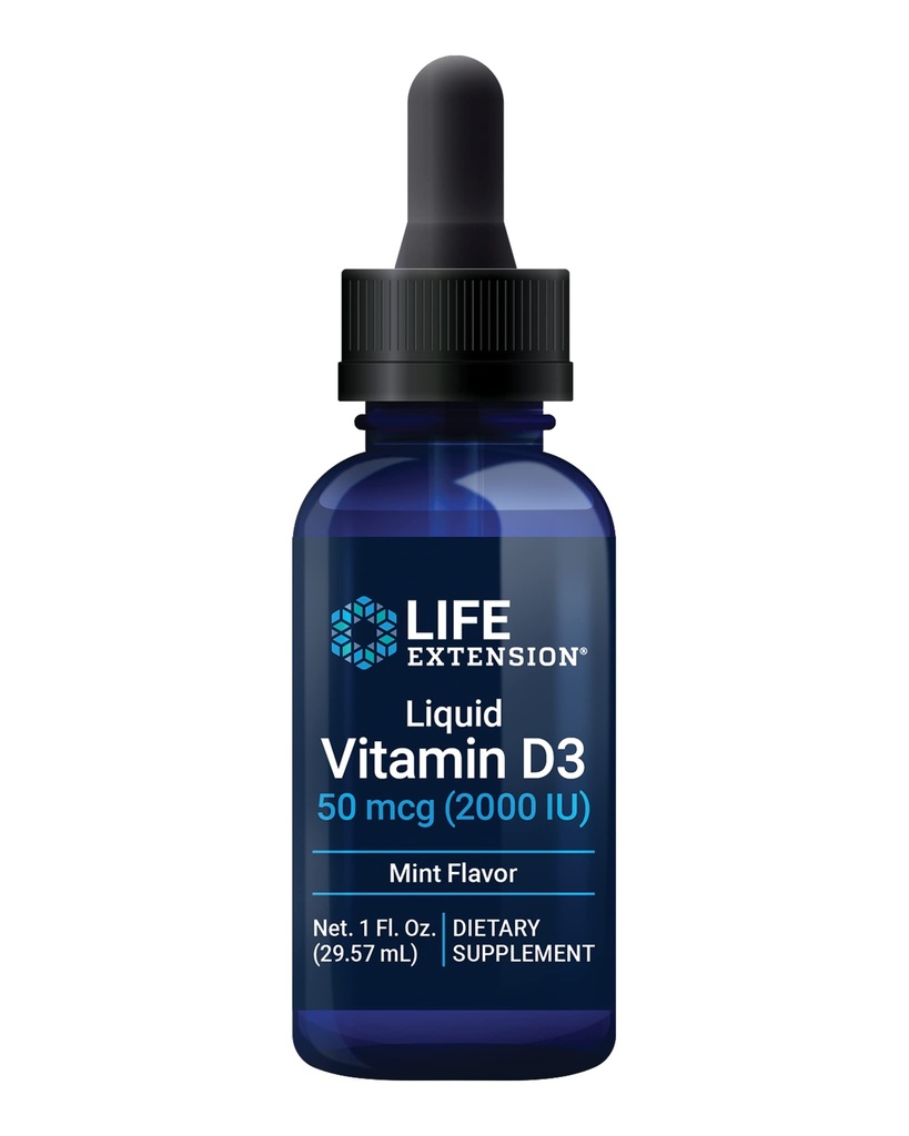 Life Extension Liquid Vitamin D3 (Mint), 50 mcg (2000 IU), Υποστήριξη ανοσοποιητικού συστήματος, Υγεία των οστών, Υγεία ολόκληρου σώματος, Νόστιμο άρωμα μέντας, Χωρίς γλουτένη, Μη ΓΤΟ, 29,57 ml