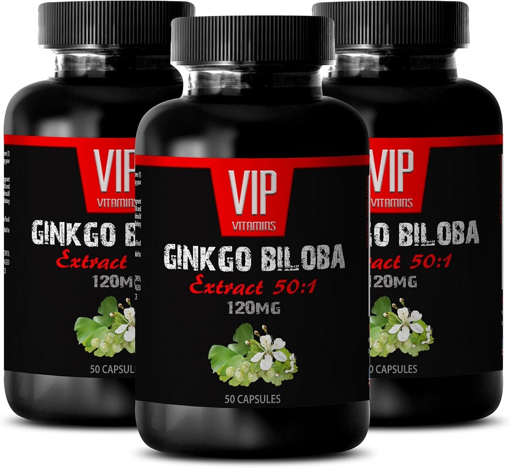 VIP VITAMINS Ginkgo biloba για εφήβους - Ginkgo Biloba Leaf 120mg - για υγιή λειτουργία του εγκεφάλου (3 φιάλες - 150 κάψουλες)