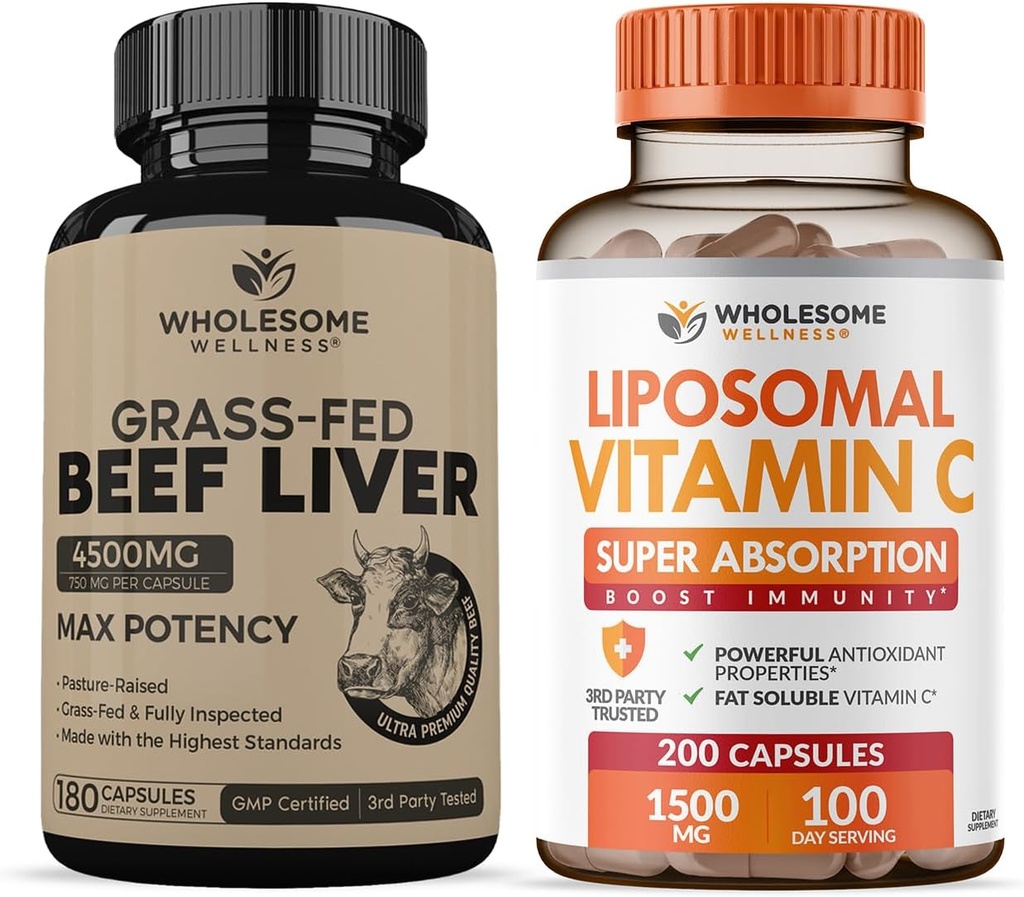 Grass Fed Desiccated Beef Liver Capsules (180 Pills, 750mg Each) + Liposomal Vitamin C Capsules (200 Pills 1500mg Buffered) High Absorption VIT C Bundle