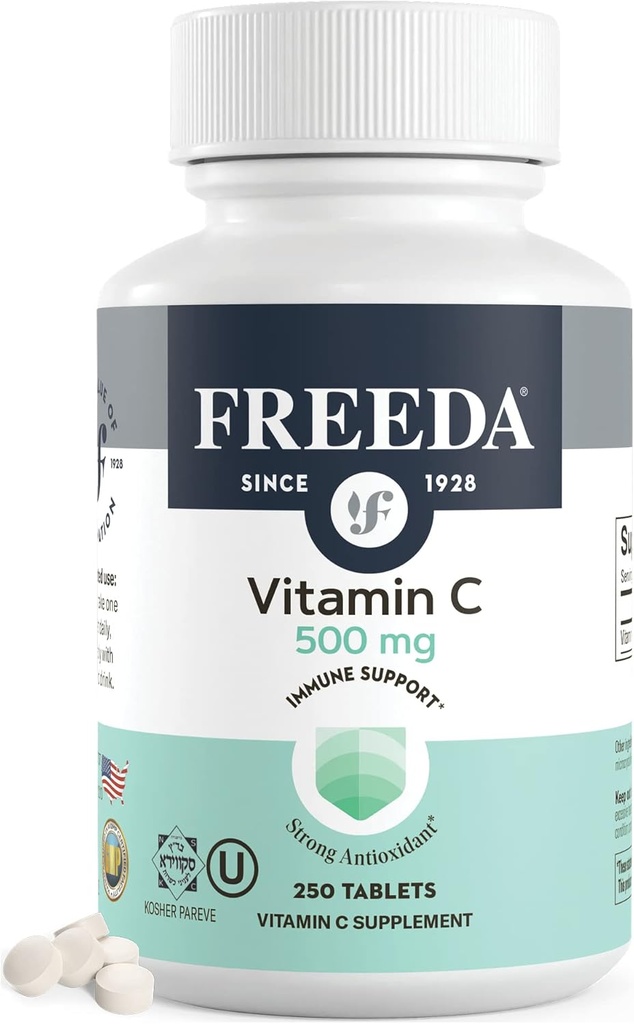 FREEDA Vegan Βιταμίνη C 500mg – Kosher Ανοσοποιητική Υποστήριξη & Αντιοξειδωτικό – Βοηθά στη διατήρηση του υγιούς δέρματος & μαλλιών, υποστηρίζει την απορρόφηση σιδήρου – Χωρίς γλουτένη, χωρίς λακτόζη, χωρίς τεχνητή γεύση ή χρώμα – 250 δισκία