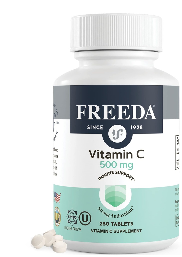FREEDA Vegan Βιταμίνη C 500mg – Kosher Ανοσοποιητική Υποστήριξη & Αντιοξειδωτικό – Βοηθά στη διατήρηση του υγιούς δέρματος & μαλλιών, υποστηρίζει την απορρόφηση σιδήρου – Χωρίς γλουτένη, χωρίς λακτόζη, χωρίς τεχνητή γεύση ή χρώμα – 250 δισκία