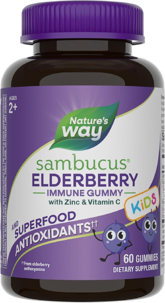 Nature's Way Sambucus Elderberry Immune Gummies for Kids, Immune Support Gummies*, με Black Elderberry Extract, Βιταμίνη C και Ψευδάργυρο, 60 Gummies (Packaging May Vary)