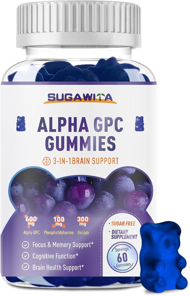 Άλφα GPC Choline Gummies 600mg με Phosphatidylserine & Bakopa – 3-σε-1 Υποστήριξη εγκεφάλου για τη μνήμη, εστίαση & μακράς διάρκειας Γνωστική Υγεία – Χωρίς ζάχαρη, Φυσική Φόρμουλα, 60 μέτρα