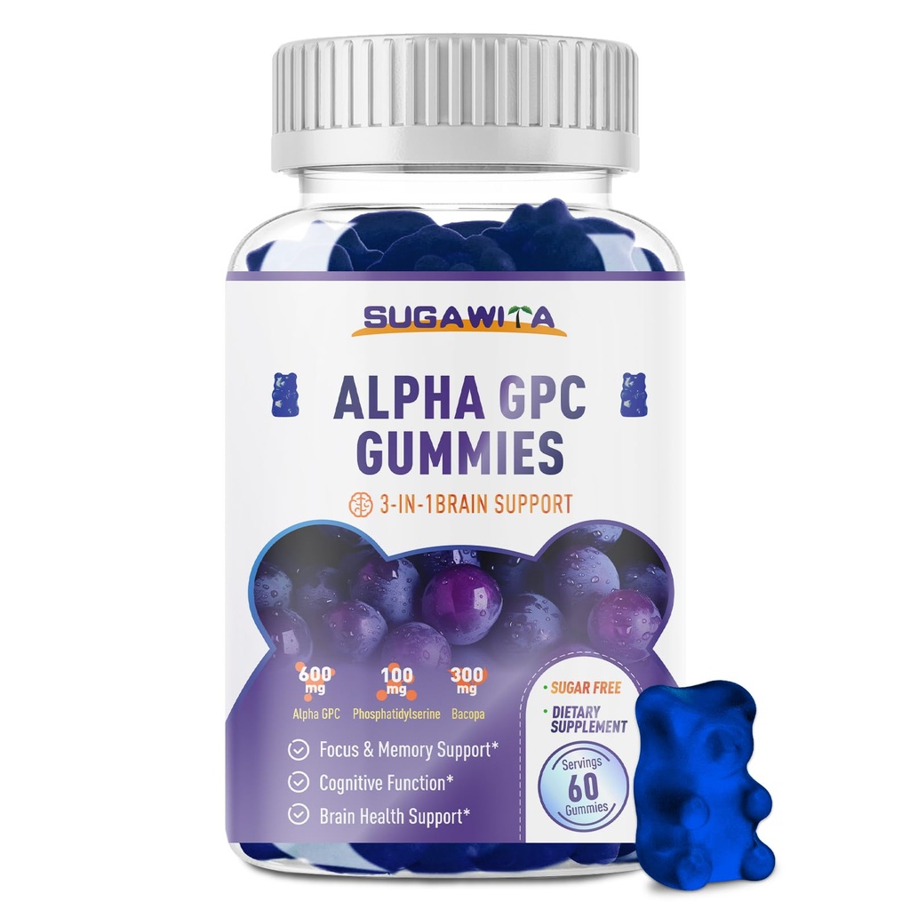 Άλφα GPC Choline Gummies 600mg με Phosphatidylserine & Bakopa – 3-σε-1 Υποστήριξη εγκεφάλου για τη μνήμη, εστίαση & μακράς διάρκειας Γνωστική Υγεία – Χωρίς ζάχαρη, Φυσική Φόρμουλα, 60 μέτρα