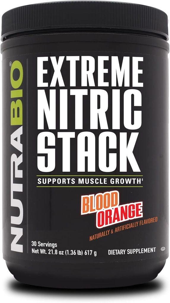 NutraBio Extreme Nitric Stack, Nitric Oxide and Cell Volumizing Formula- 30 Υπηρεσίες (Blood Orange)