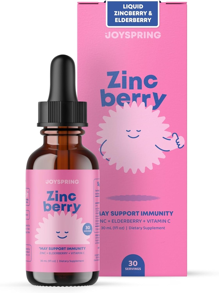 JoySpring ZincBerry - Παιδικό συμπλήρωμα ψευδάργυρου & βιταμίνης (1 fl oz) Ανοσοποιητικές Σταγόνες Υποστήριξης με Γευστικό μούρο για παιδιά 2-16+ Έτη