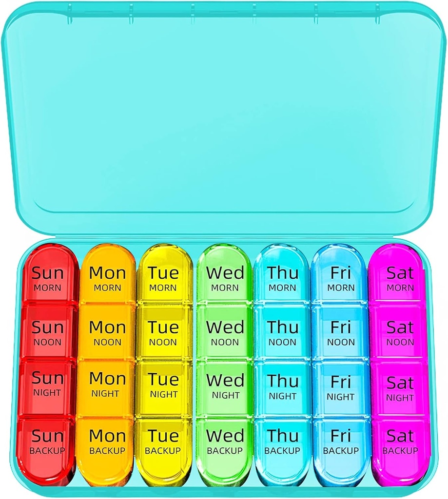 Odaro Weekly Pill Organizer 4 Times a Day, Daily Pill Box 7 Day, Large Travel Pill Case with 28 Compartment to Hold Medicine, Vitamin and Supplement - Cyan Case