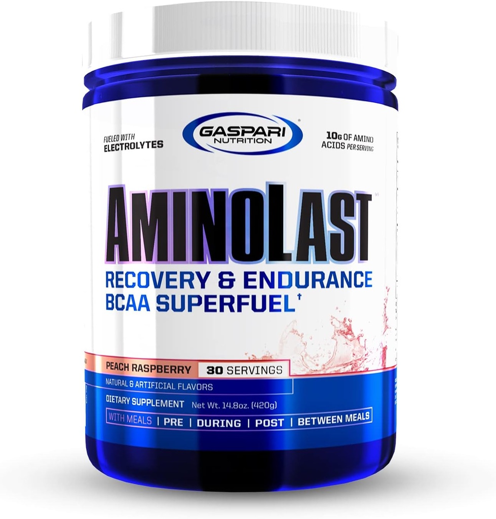 Gaspari Nutrition: AminoLast, Muscle Recovery and Endurance BCAA Fuel, Enhances Recovery & Replenishes Electrolytes, 30 Servings (Peach Raspberry)