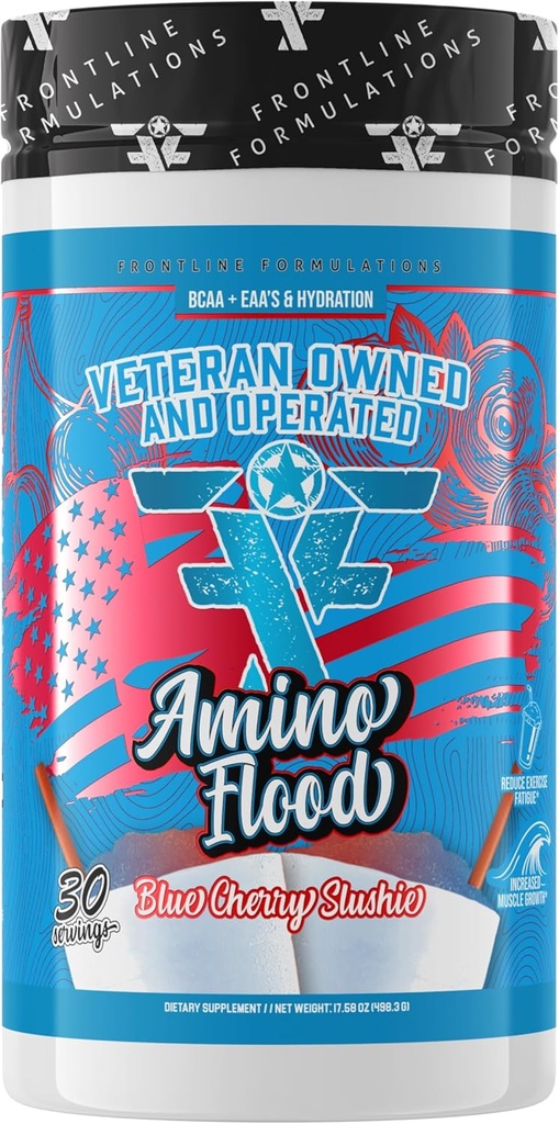 Amino Flood, BCAAs + Essential Amino Acids, Building Blocks of Muscle, Comprehensive Formula, Great Taste, Veteran Own and Operated (30 Servings, Blue Cherry Slushie)