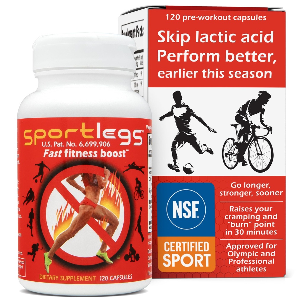 SPORTLEGS Fast Fitness Boost Προ προπόνηση για άνδρες και γυναίκες, συμπλήρωμα γαλακτικού οξέος, αθλητικά καύσιμα αντοχής, συμπληρώματα αντοχής για δρομείς - NSF Certified for Sport,120-Capsule μπουκάλι, πακέτο του 1