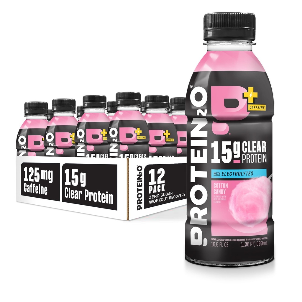 Protein2o 15g Πρωτεϊνη Whey Isolate Hydration Drink Plus Energy & Focus, 350mg ηλεκτρολυτών, βιταμινών B5 & B6, Χωρίς ζάχαρη, Βαμβάκι Κάντυ, Φιάλη 16.9 oz (Pack of 12)