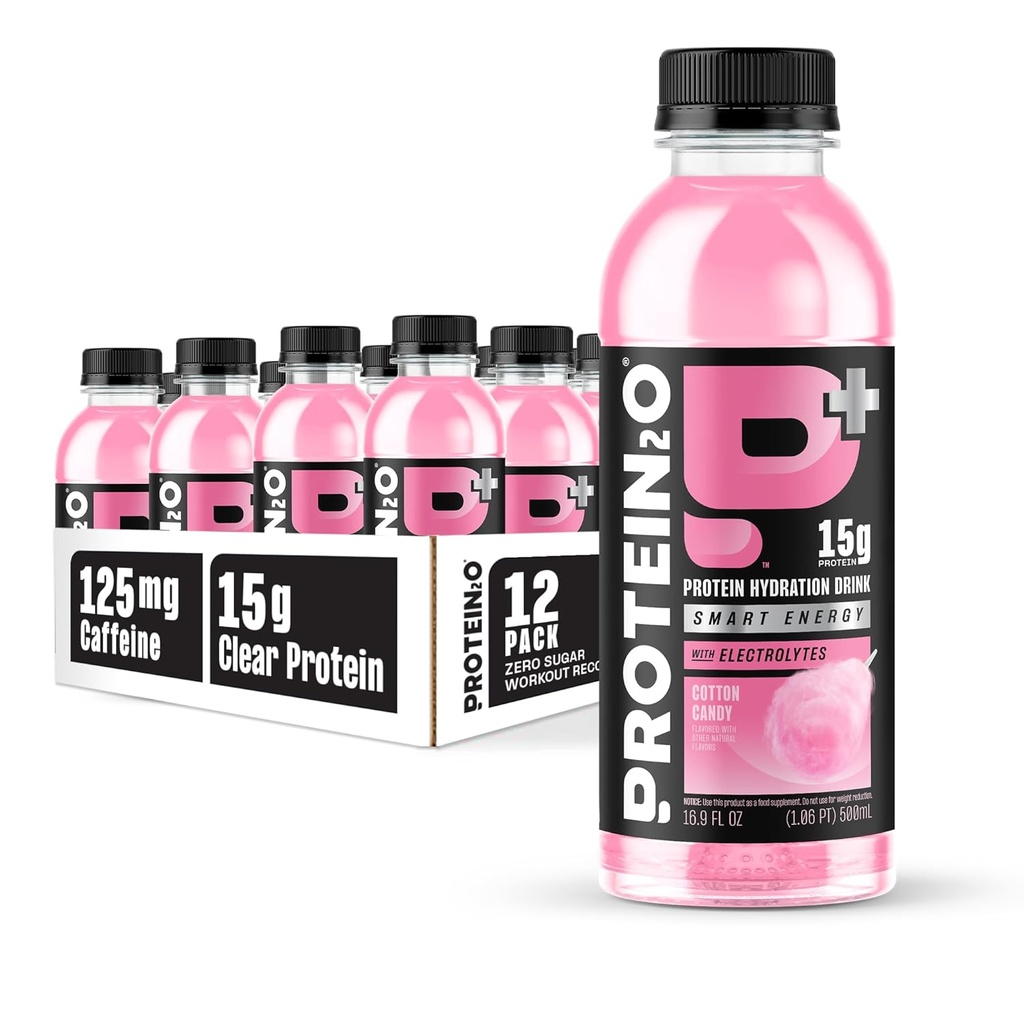 Protein2o 15g Πρωτεϊνη Whey Isolate Hydration Drink Plus Energy & Focus, 350mg ηλεκτρολυτών, βιταμινών B5 & B6, Χωρίς ζάχαρη, Βαμβάκι Κάντυ, Φιάλη 16.9 oz (Pack of 12)