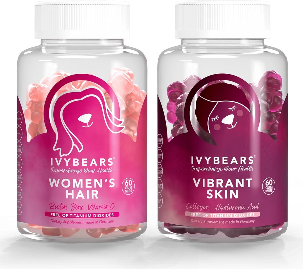 IvyBears® Γυναικεία Hair & Skin Bundle – Gummys για την ανάπτυξη των μαλλιών με Biotin & Collagen + Vibrant Skin Gummies με Υαλουρονικό Οξύ & VERISOL – Vegan Beauty Support – 2-Pack
