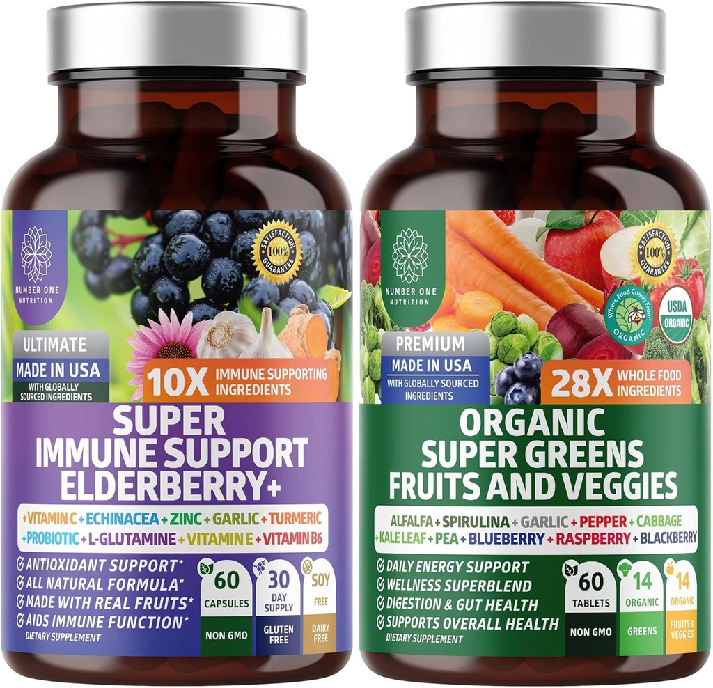 N1N Premium Organic Super Fruits & Veggies + Immune Support [38 Ισχυρά συστατικά], Natural Super Greens Supplement with Alfalfa, Vitamins & Minerals, Zinc, Turmeric and Probiotic, 120 Caps